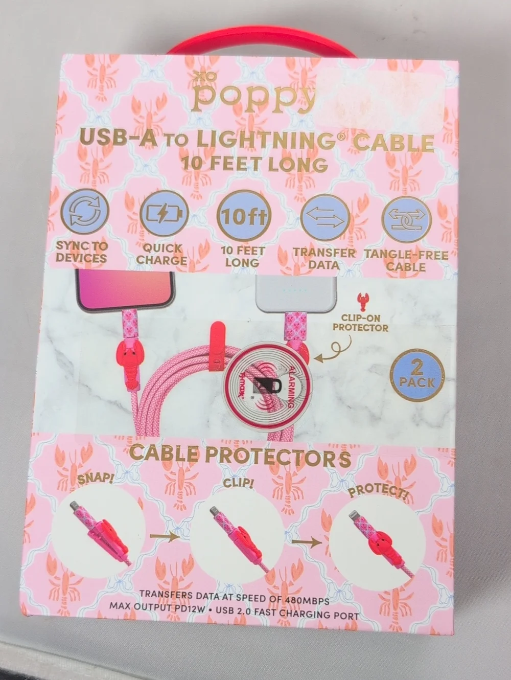 XO Poppy Lobster USB-A to Lightning Cable 10 Feet Clip & Protect